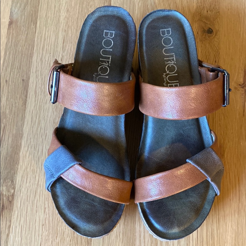BOUTIQUE by Corkys Tan and Gray Sandals. Cork wedge heels. Worn twice!